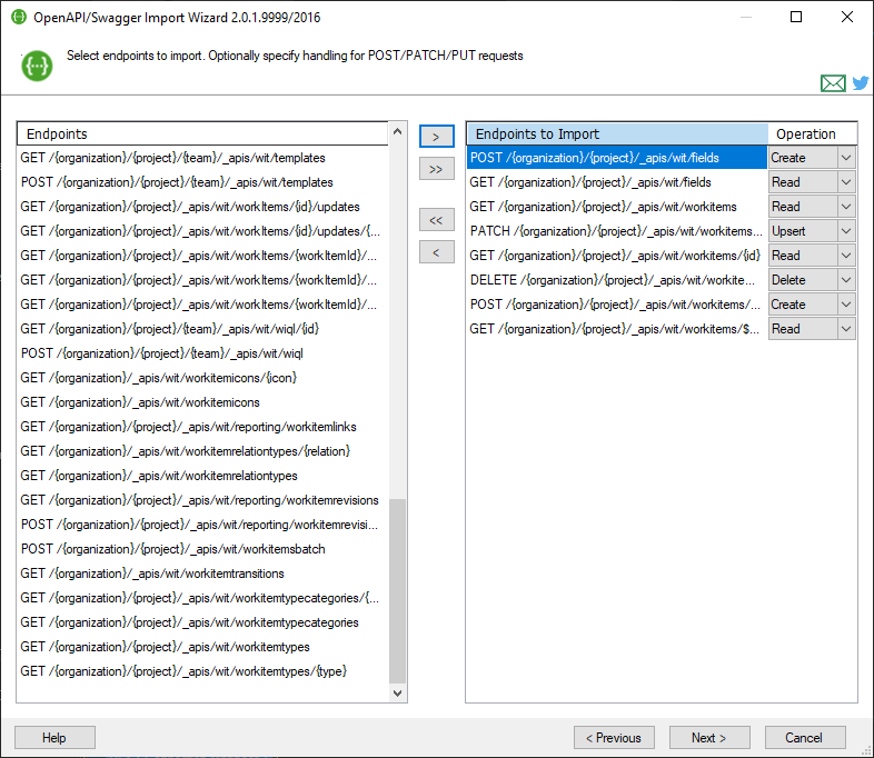 Select endpoints to import